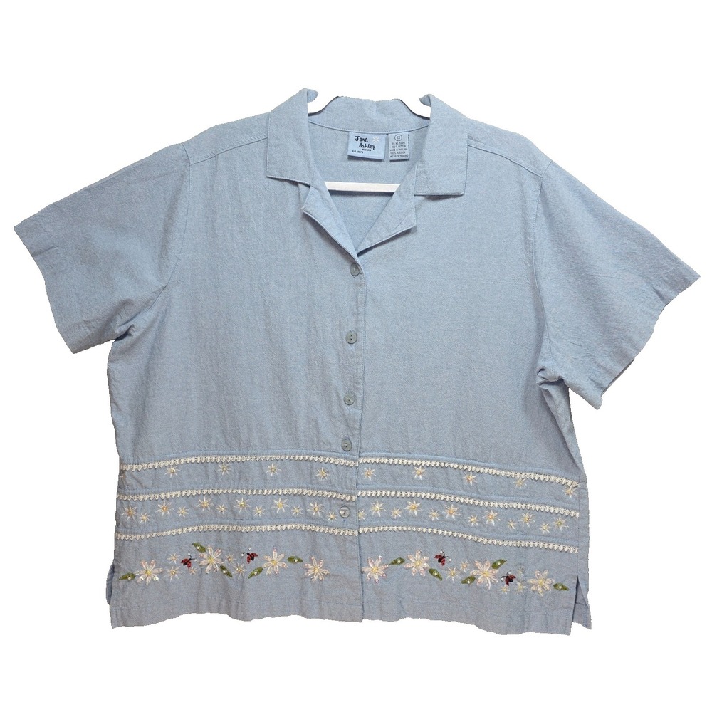 VTG Jane Ashley Floral Embroidered Beaded Top Womens 1X Grandmacore Shirt Blue‎